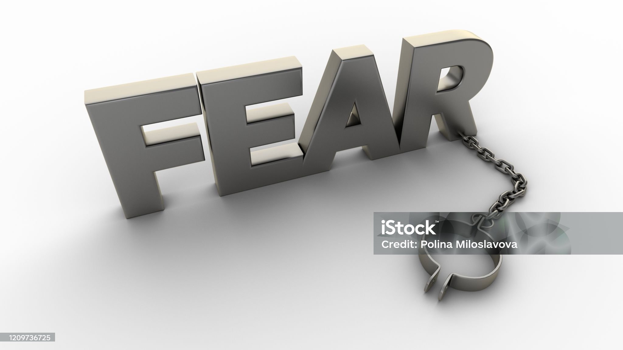 Fear text with chain and weight isolated on a white background. 3D-rendering.